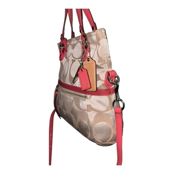 Coach Canvas Signature Horses and Carriage Hobo Tote Bag- Pink/Khaki - Picture 4 of 16